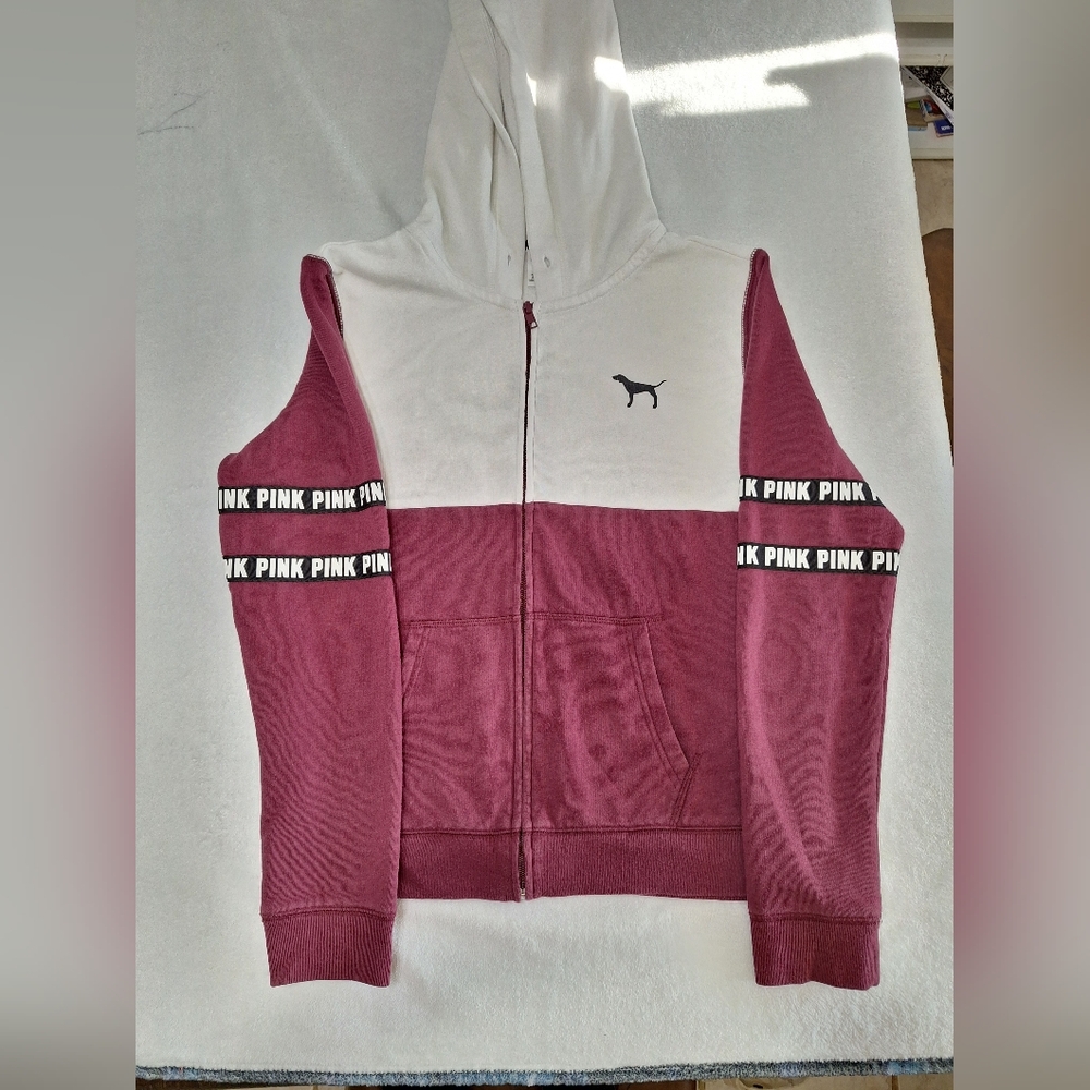 Victoria's Secret PINK White Zip Hoodie with Dark Trim